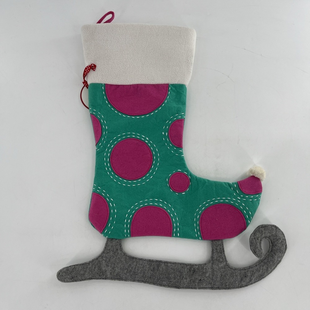 Rare Pottery Barn Felt Christmas Stocking Figural Elf Ice‎ Skate Polka Dot, 23"